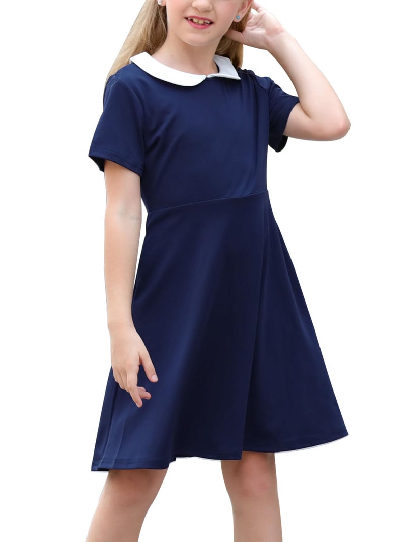 GORLYA Girl's Short Sleeve Casual Vintage Peter Pan Collar Fit and Flare Skater Party Dress with Pockets (GOR1006, 9-10Y, Navy) - Image 1